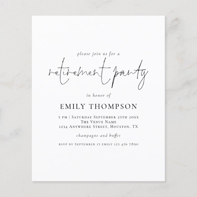 Budget Minimalist Script Retirement Party Invite (Front)