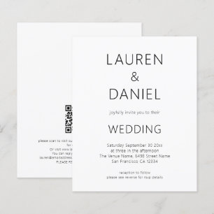 Budget Minimalist Text QR Code Black White Wedding
