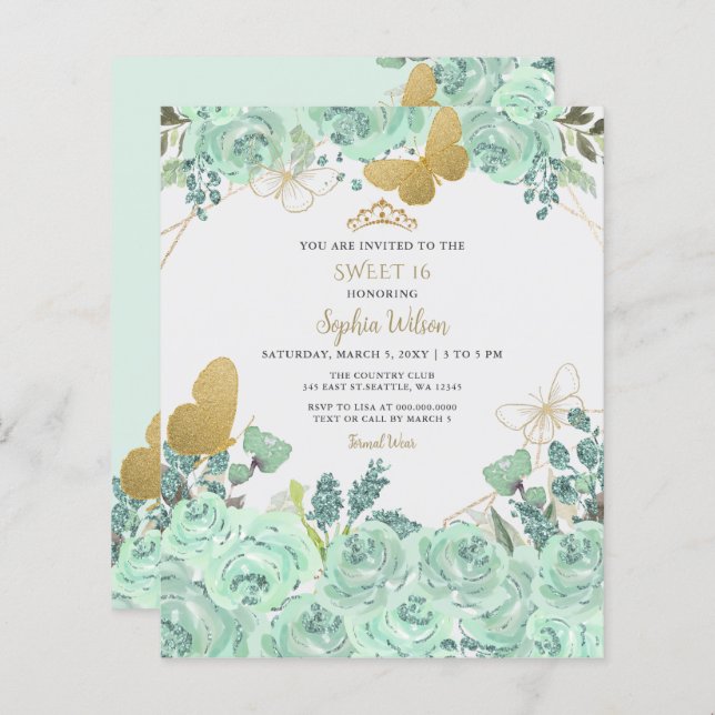 Budget Mint Gold Floral Butterfly Sweet 16 Invite (Front/Back)
