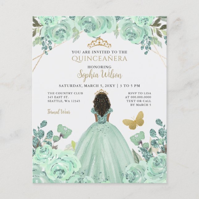 Budget Mint Gold Princess Quinceañera Invitation (Front)
