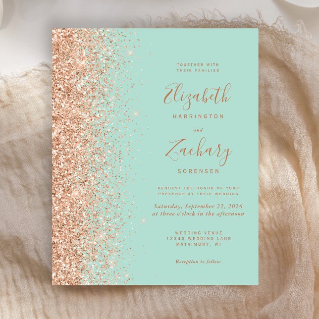 Budget Mint Green Peach Glitter Wedding Invite (Creator Uploaded)