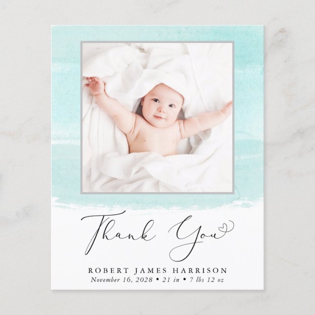 Budget Mint Watercolor Photo Birth Announcement (Front)