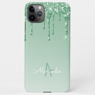 Budget Minty Green Dripping Glitter Monogram Named iPhone 11Pro Max Case