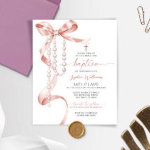 Budget Mocha Bow & Rosary Baptism Invitation