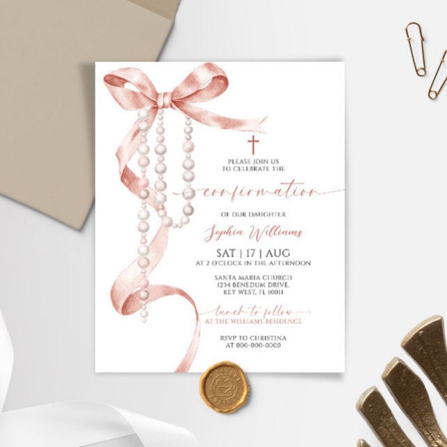 Budget Mocha Bow & Rosary Confirmation Invitation (Creator Uploaded)