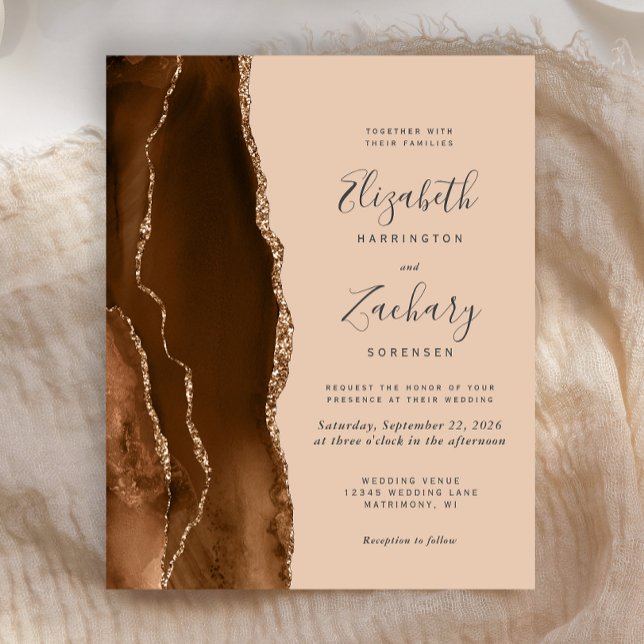 Budget Mocha Brown Gold Agate Tan Wedding Invite (Creator Uploaded)