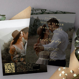 Budget modern 2 photo QR code wedding Invitation