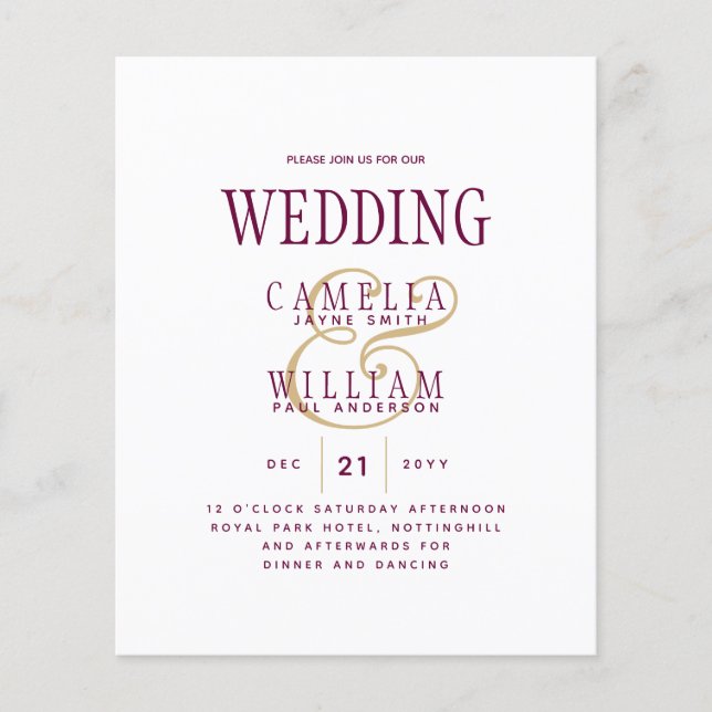 BUDGET Modern Berry Wine Gold Wedding Invite Flyer (Front)
