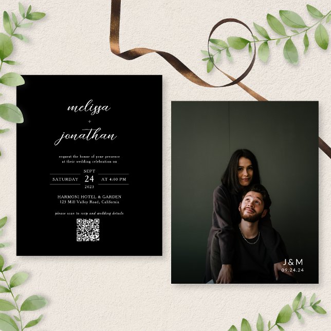 BUDGET Modern Black Photo Monogram QR Code Wedding (Creator Uploaded)