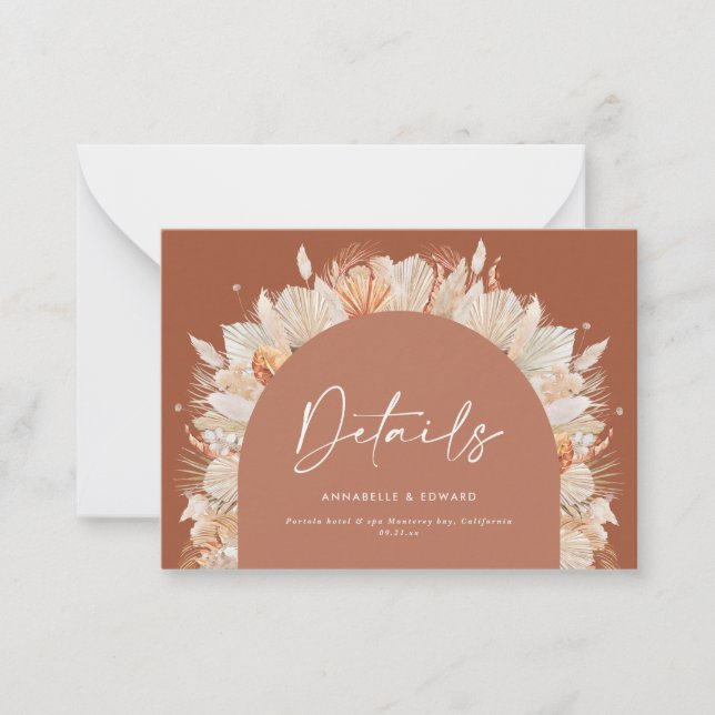 budget modern bohemian terracotta wedding details card (Front)