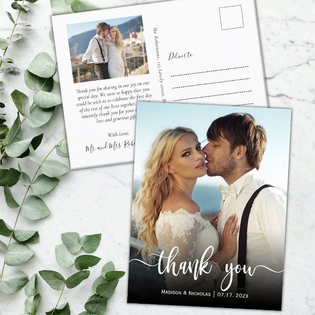 Budget Modern Calligraphy Photo Wedding Thank You  Postcard (Creator Uploaded)