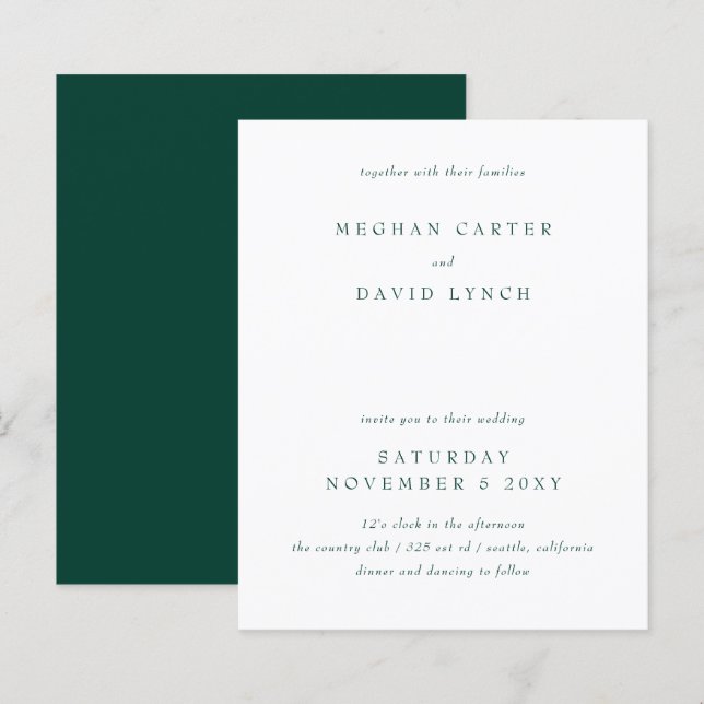 Budget Modern Emerald Green Wedding Invitation (Front/Back)