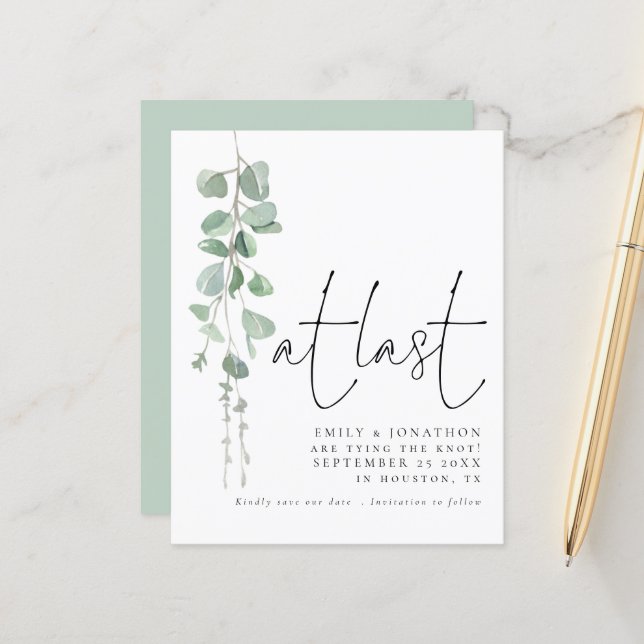 Budget Modern Eucalyptus At Last Save The Date (Front/Back In Situ)