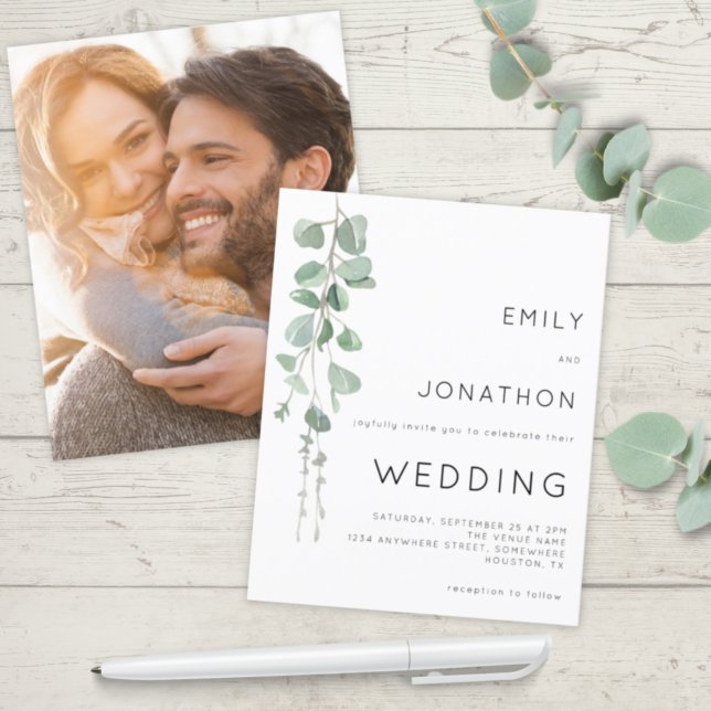 Budget Modern Eucalyptus Photo Wedding Invitation  (Creator Uploaded)