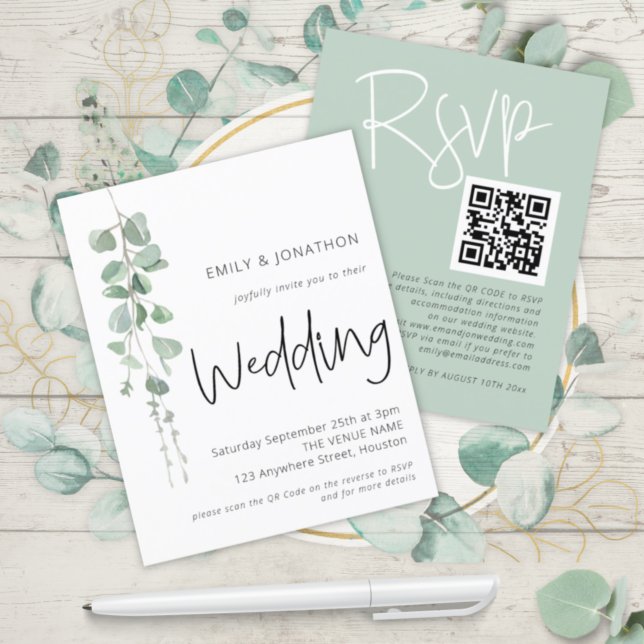 Budget Modern Eucalyptus QR Wedding Invitation (Front and back view)