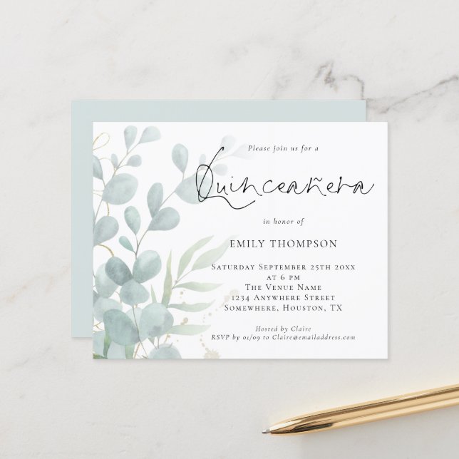 Budget Modern Eucalyptus Quinceañera Invitation (Front/Back In Situ)