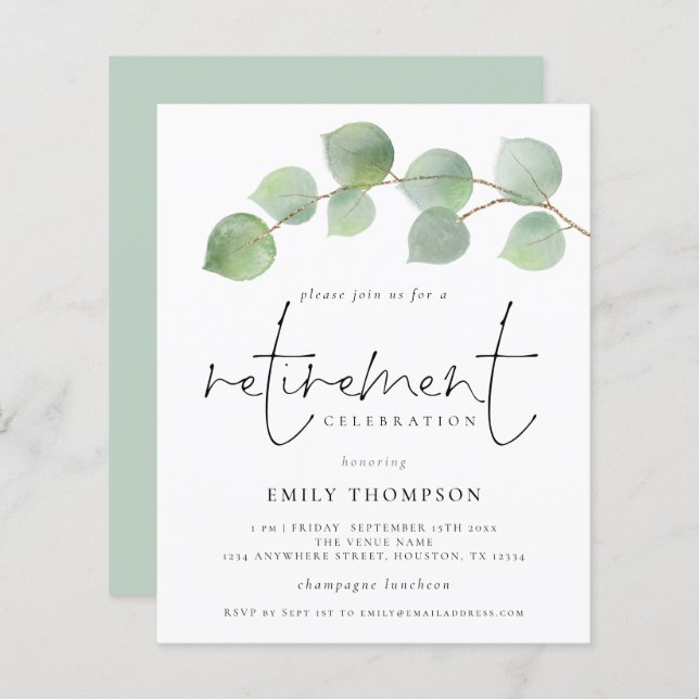 Budget Modern Eucalyptus Retirement Invitation (Front/Back)