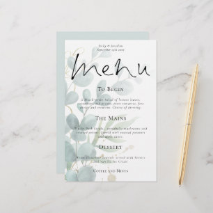 Budget Modern Eucalyptus Script Wedding Menu