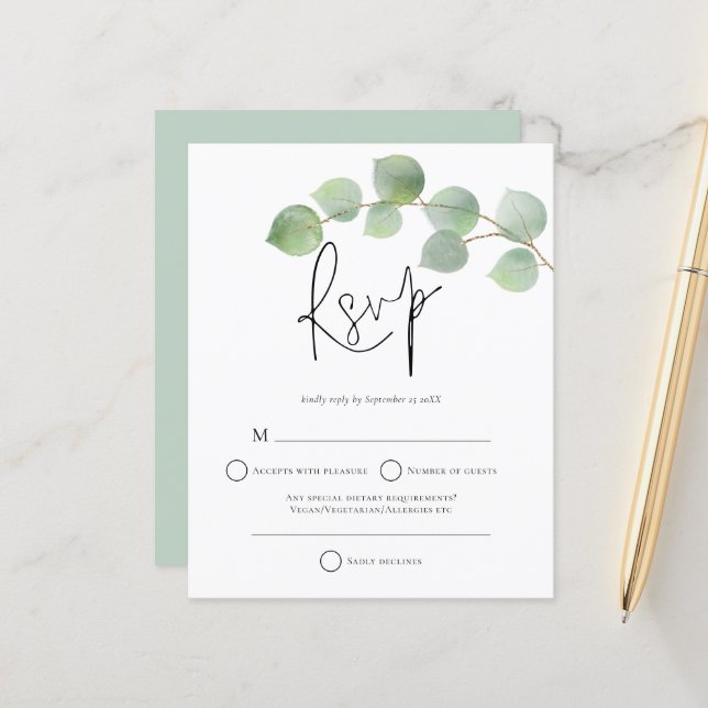Budget Modern Eucalyptus Wedding RSVP (Front/Back In Situ)