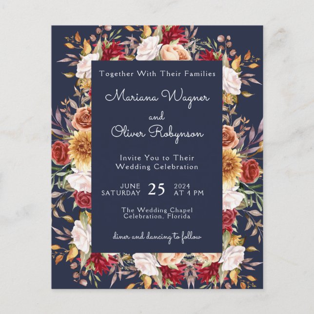 Budget Modern Fall Floral Navy Blue Wedding (Front)