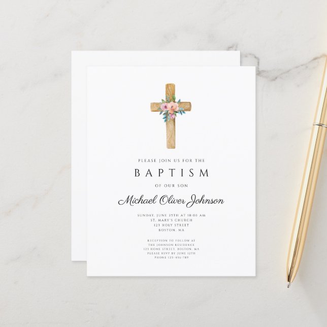 Budget Modern Floral Cross Baptism Invite (Front/Back In Situ)