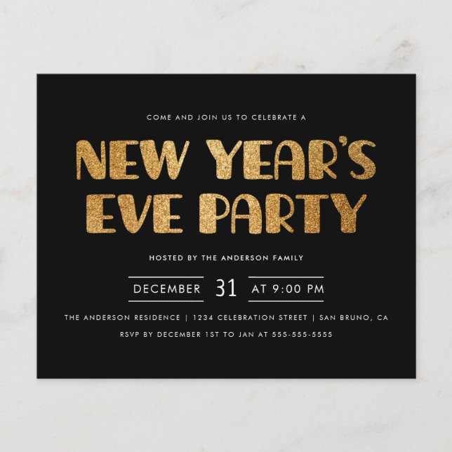 Budget Modern Gold Glitter New Year's Eve Party (Front)