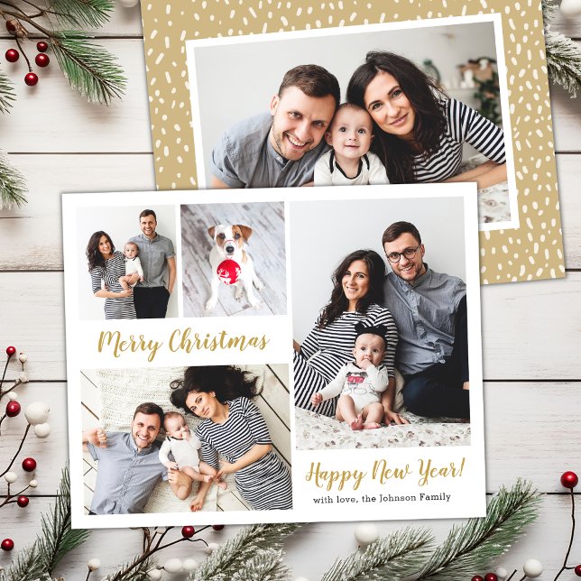 Budget Modern Gold Script 5 Photo Christmas Cards (Creator Uploaded)
