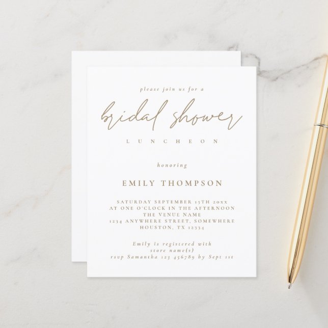 Budget Modern Gold Script Bridal Shower Invitation (Front/Back In Situ)