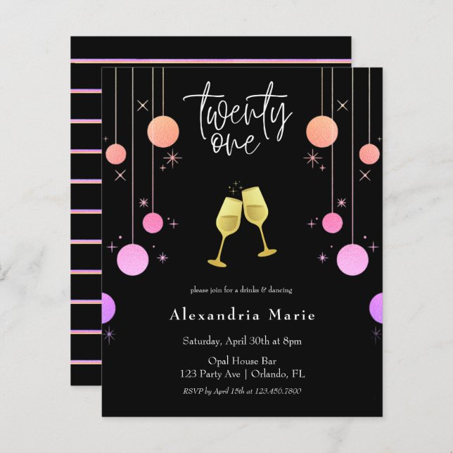 Budget Modern Gold Toast 21st Birthday Invitation (Front/Back)