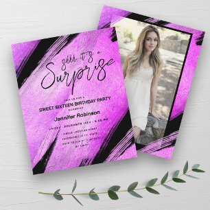 Budget Modern Hot Pink Surprise Sweet 16 Invites 