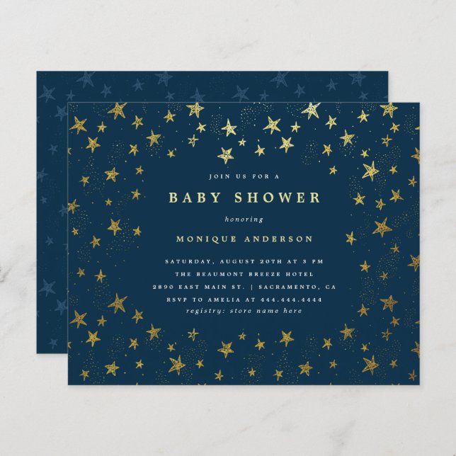 Budget Modern Midnight Blue Gold Stars Baby Shower (Front/Back)