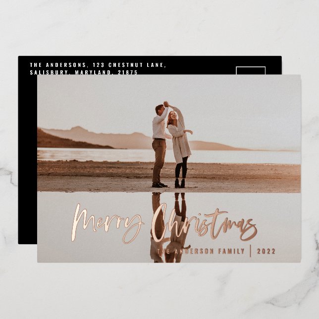 Budget modern minimal photo blue script Christmas  Foil Holiday Card (Front/Back)