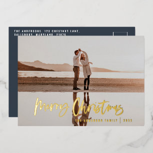 Budget modern minimal photo blue script Christmas Foil Holiday Card