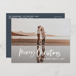 Budget modern minimal photo blue script Christmas Holiday Postcard