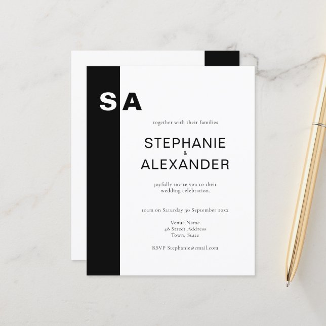 Budget Modern Monogram Black White Wedding Invite (Front/Back In Situ)