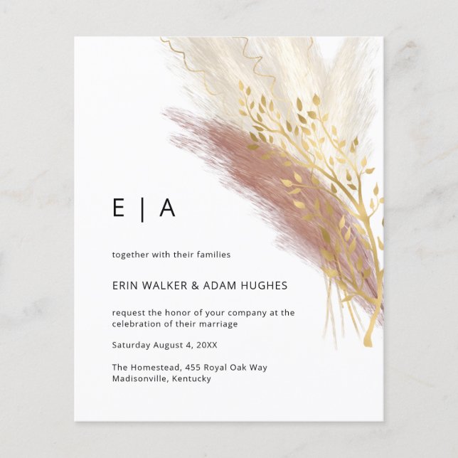 Budget Modern Monogram Boho Pink Gold Pampas Grass Flyer (Front)