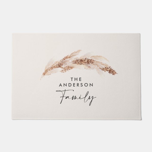 Budget modern natural pampas grass family gift doormat (Front)