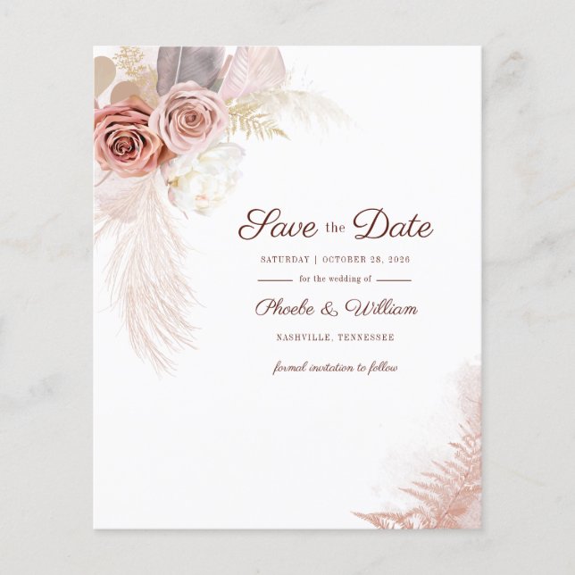 Budget Modern Pampas Grass Floral Save The Date Flyer (Front)