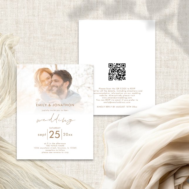 Budget Modern Photo Overlay QR Code Wedding Invite (Front and back view)