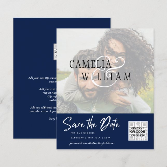 BUDGET Modern PHOTO Save The Date QR CODE RSVP (Front/Back)