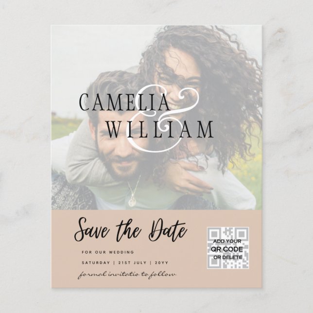 BUDGET Modern PHOTO Save The Date QR CODE RSVP Flyer (Front)