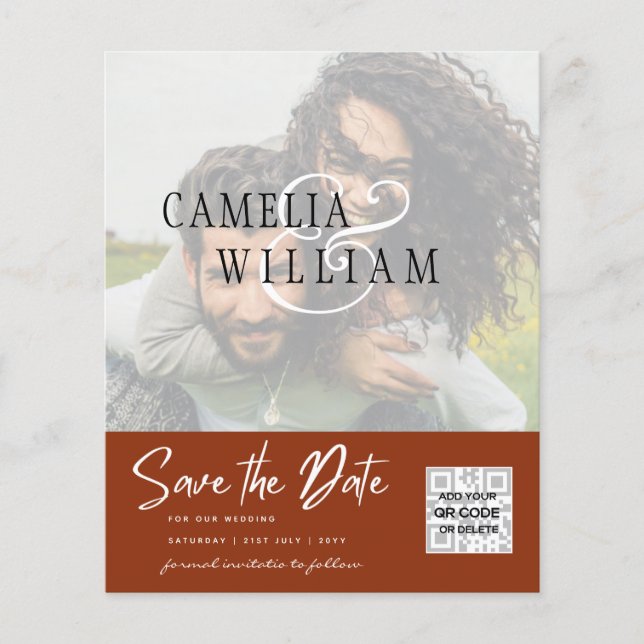 BUDGET Modern PHOTO Save The Date QR CODE RSVP Flyer (Front)