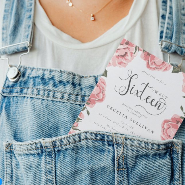 Budget Modern Pink Floral Photo Sweet 16 Birthday Flyer (Creator Uploaded)