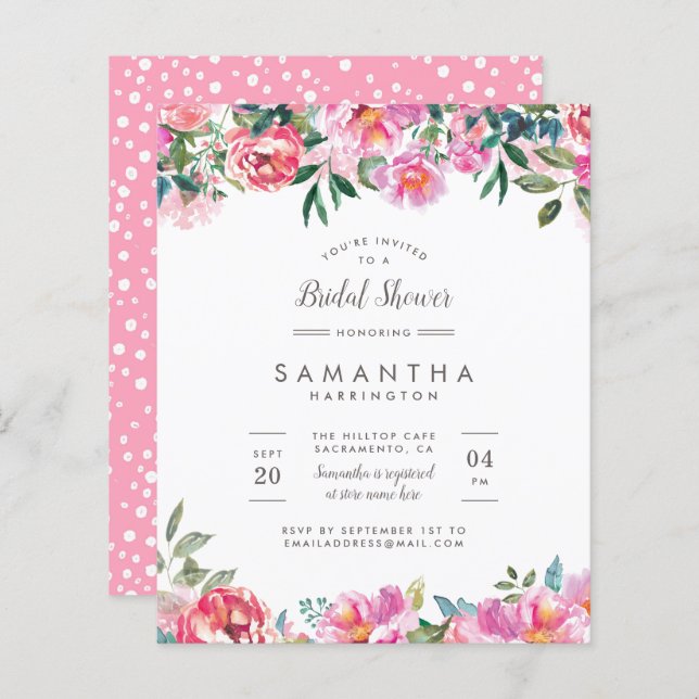 Budget Modern Pink Peony Flowers Bridal Shower (Front/Back)