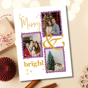 Budget Modern Purple & Gold 3 Photo Merry & Bright Card