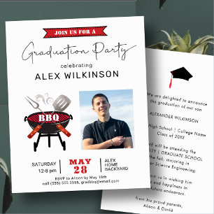 BUDGET Modern Red Script Photo GRAD BBQ Invitation