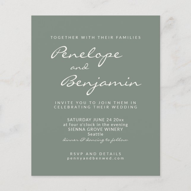 Budget Modern Sage Green Script Wedding Invite (Front)