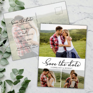 Budget Modern Script 3 Photo Collage Save The Date Announcement Postcard