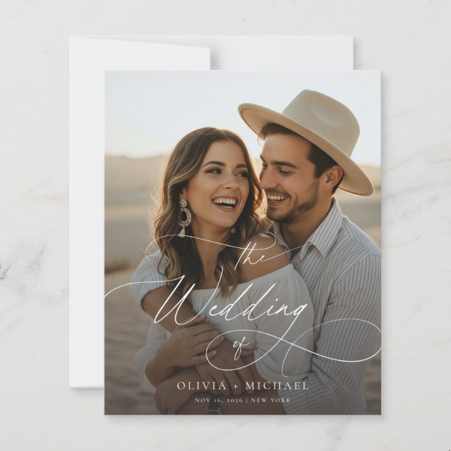 Budget Modern Script Boho Photo Wedding Invites (Front)