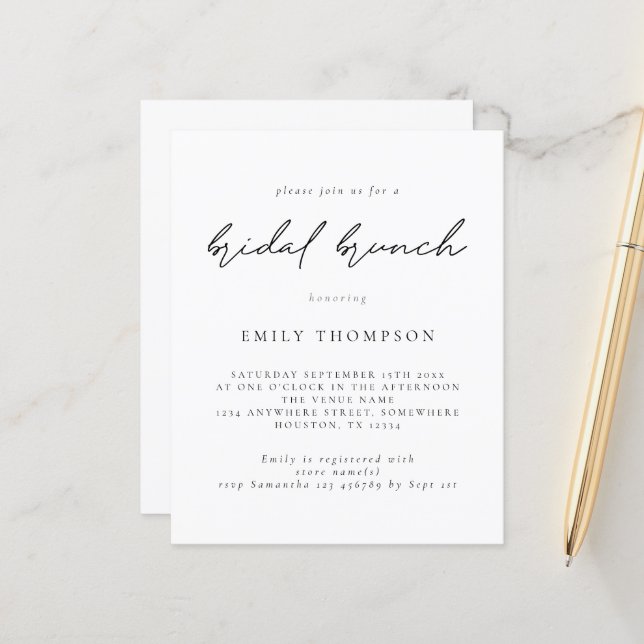 Budget Modern Script Bridal Brunch Shower Invite (Front/Back In Situ)